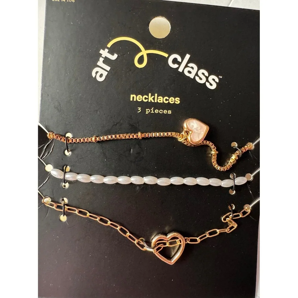 Art Class Girls 3pc Necklace Set Gold Tone Faux Pearl Heart Charms KNK4468501